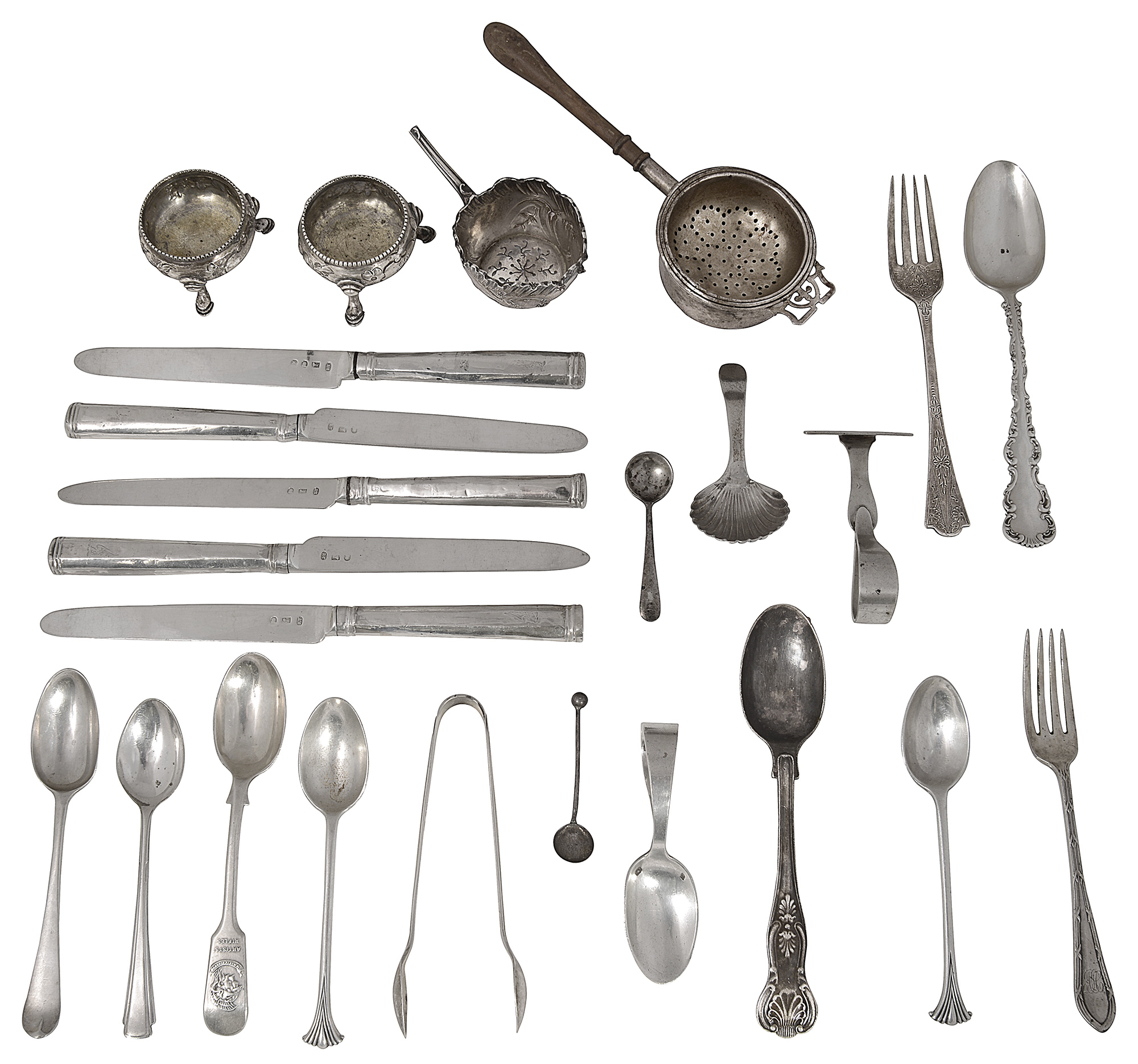 A George III silver caddy spoon, fruit knives and other later silver