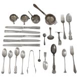 A George III silver caddy spoon, fruit knives and other later silver