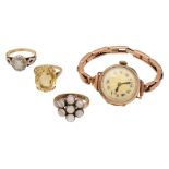 A 9ct gold wristwatch, a 9ct opal ring, a 9ct moonstone ring, and a 9ct citrine ring