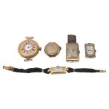 A Swiss 18K gold lady's keyless fob watch, a 9ct gold cased Rolex tank wristwatch, a platinum watch