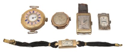 A Swiss 18K gold lady's keyless fob watch, a 9ct gold cased Rolex tank wristwatch, a platinum watch