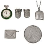 A Swiss silver-gilt and enamel lady's keyless fob watch and other silver/ vertu