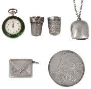 A Swiss silver-gilt and enamel lady's keyless fob watch and other silver/ vertu