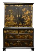 A George I black japanned and chinoiserie cabinet on chest