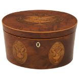 A George III mahogany and marquetry inlaid oval tea caddy