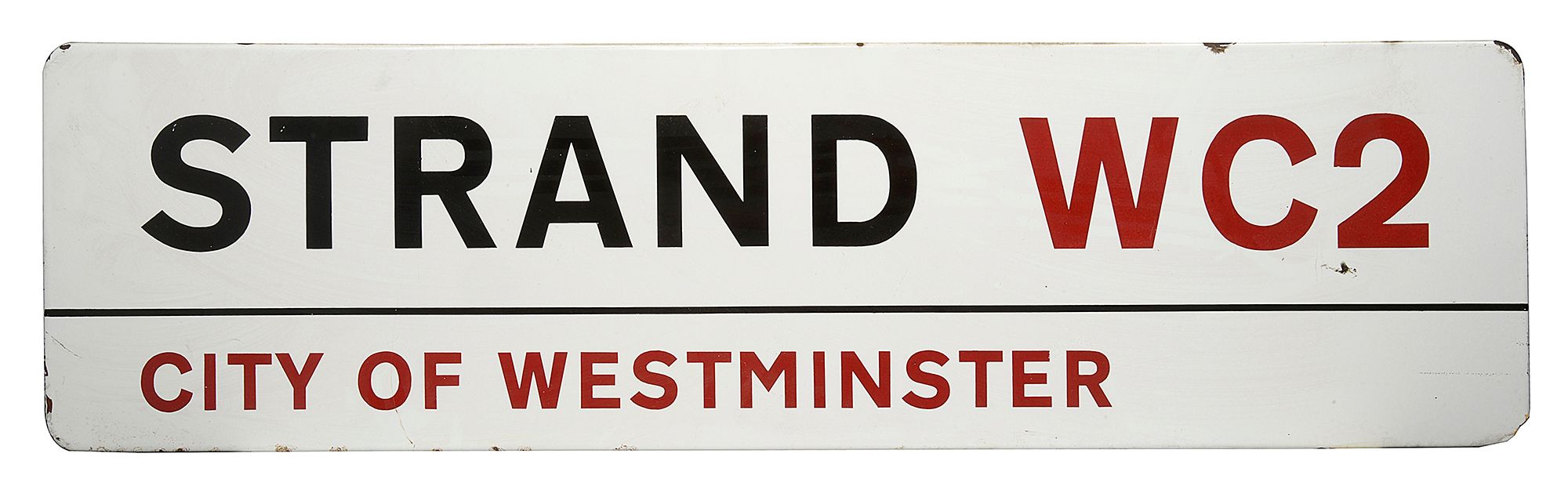 An enamelled iron street sign for the Strand WC2, City of Westminster