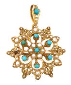 An Edwardian turquoise and half pearl pendant/brooch