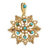 An Edwardian turquoise and half pearl pendant/brooch