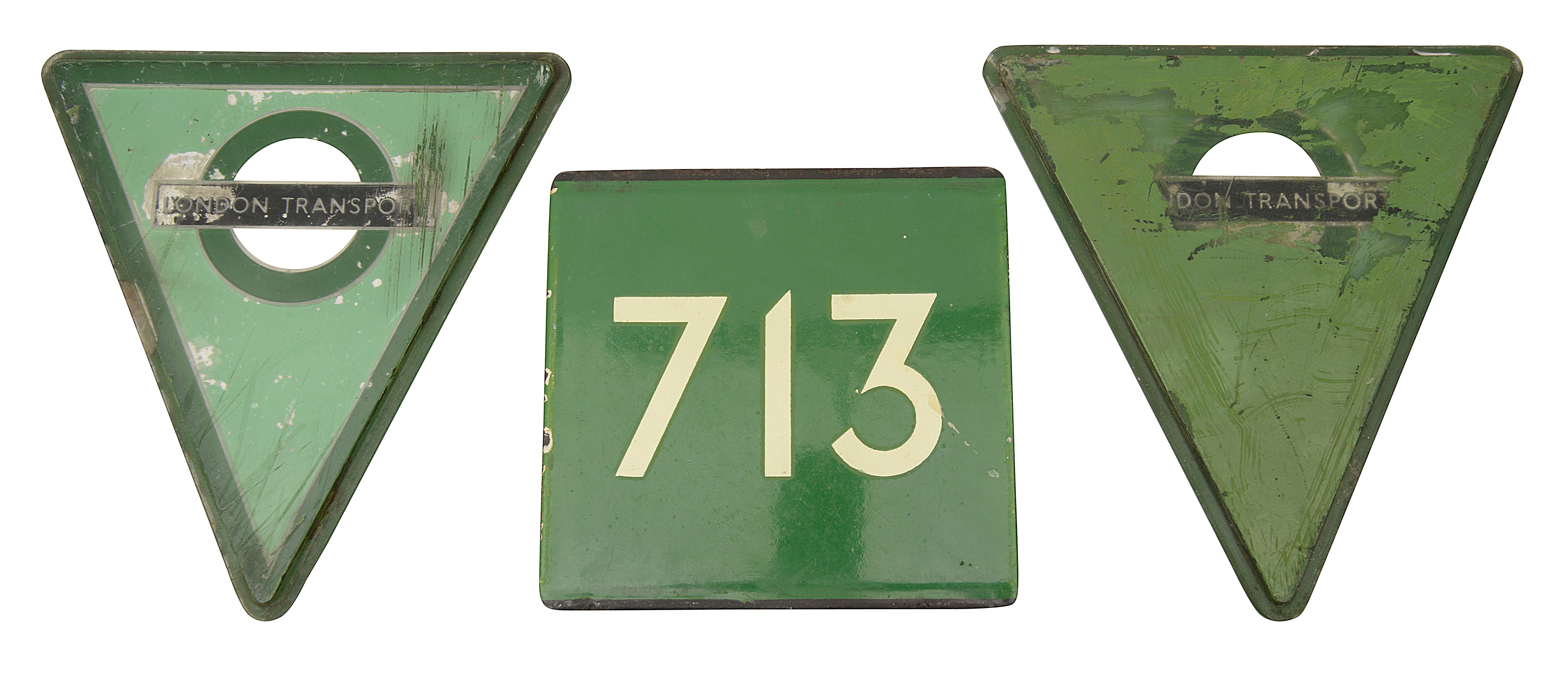 A pair of London Transport Country Area bus radiator transport badges together with an enamelled bus