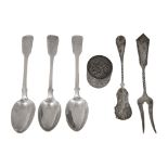 A late 19th century Indian kutch silver box, fiddle pattern dessert spoons etc.