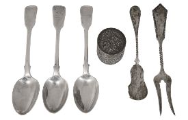 A late 19th century Indian kutch silver box, fiddle pattern dessert spoons etc.