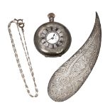 An Edwardian gold watch chain, a silver page marker and a silver pocket watch