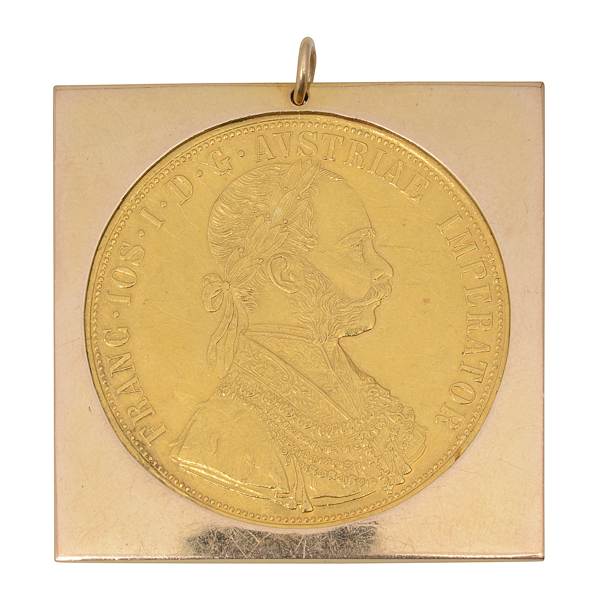 An Austrian four ducat gold coin mounted in a pendant