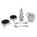 A George III silver barrel shaped mustard pot and other George III silver