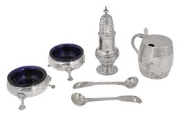 A George III silver barrel shaped mustard pot and other George III silver