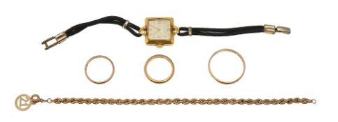 Three 18ct gold rings, a 9ct gold chain and a Movado watch