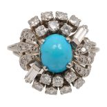 A mid 20th century turquoise and diamond-set ring