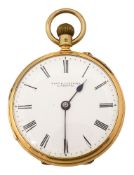 A late Victorian 18ct gold open faced keyless pocket watch