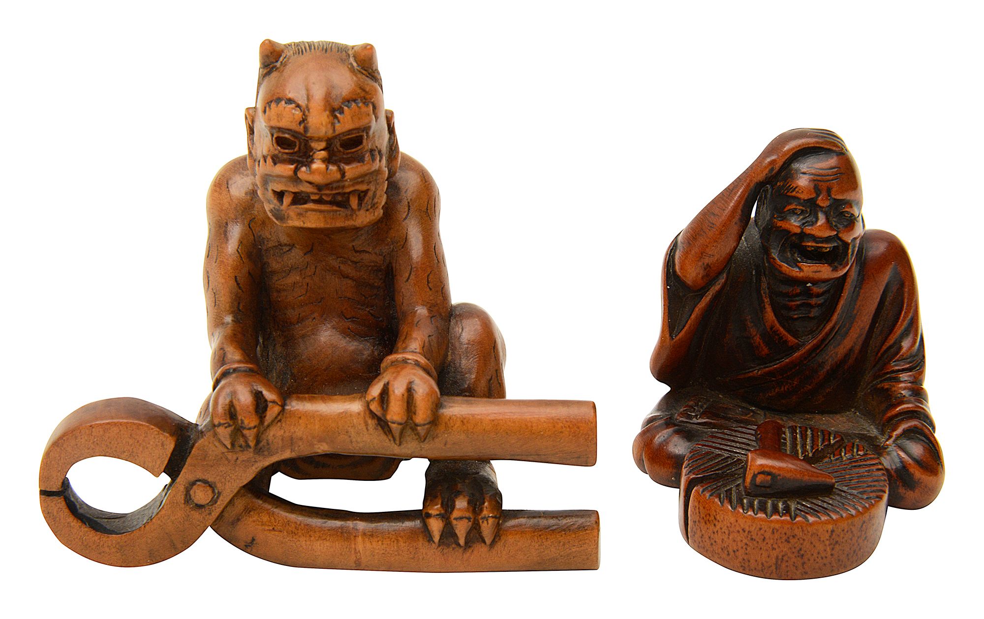 Two 19th century Japanese Meiji period carved boxwood figural netsuke