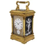 A late 19th century French ormolu and Limoges enamel panelled carriage clock