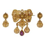 A 19th century yellow gold filigree girandole brooch and pair of ear pendants
