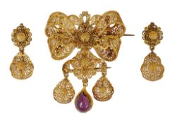 A 19th century yellow gold filigree girandole brooch and pair of ear pendants