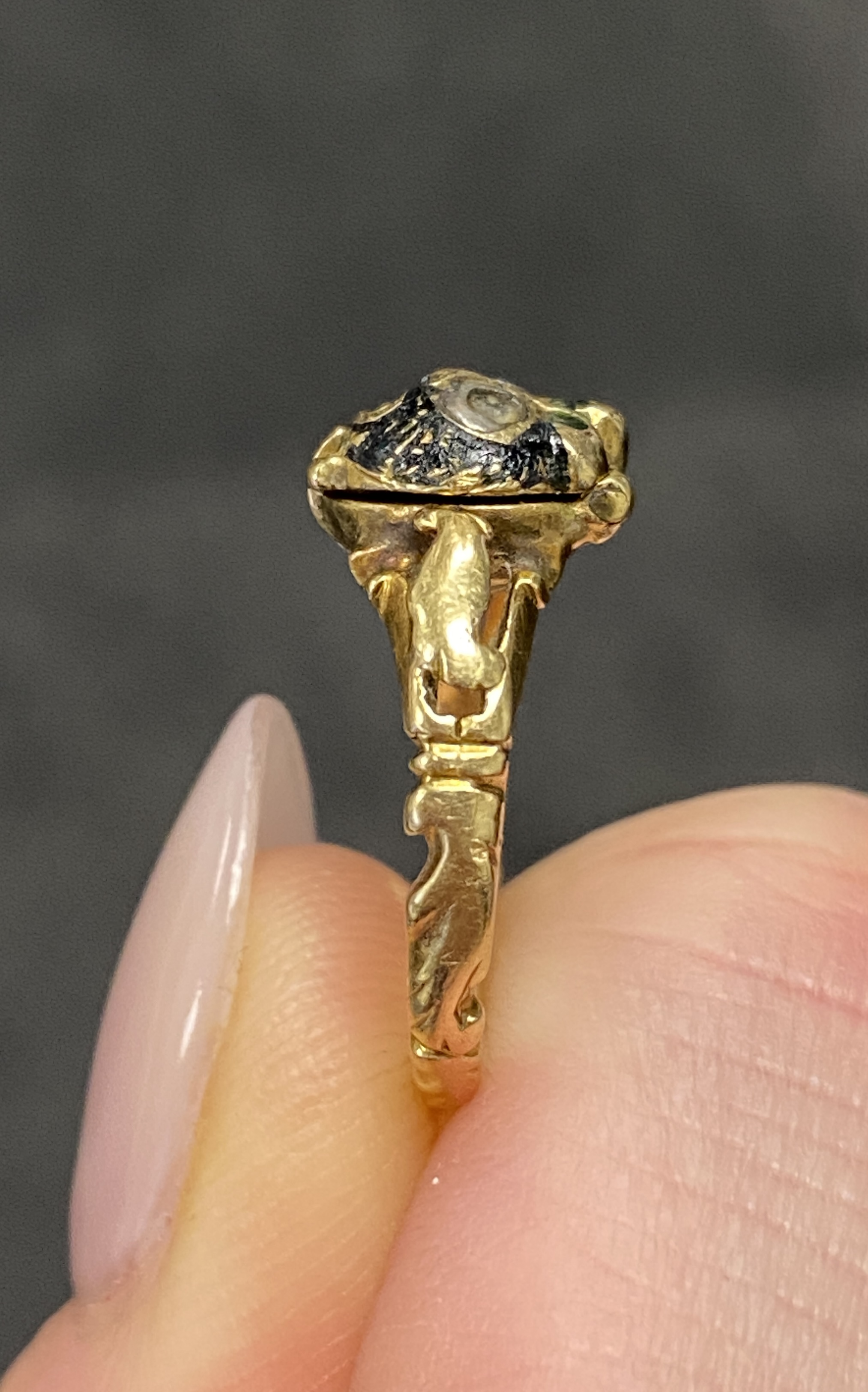 A yellow gold, enamel and diamond-set 'poison' memento mori ring - Image 8 of 8