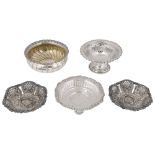 A Victorian silver bon bon dish, a pair of bon bon dishes, a German .800 silver bowl and a dish, (5)