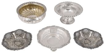 A Victorian silver bon bon dish, a pair of bon bon dishes, a German .800 silver bowl and a dish, (5)