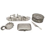 A Victorian caddy spoon, a miniature silver tea service, an oval silver box, other items