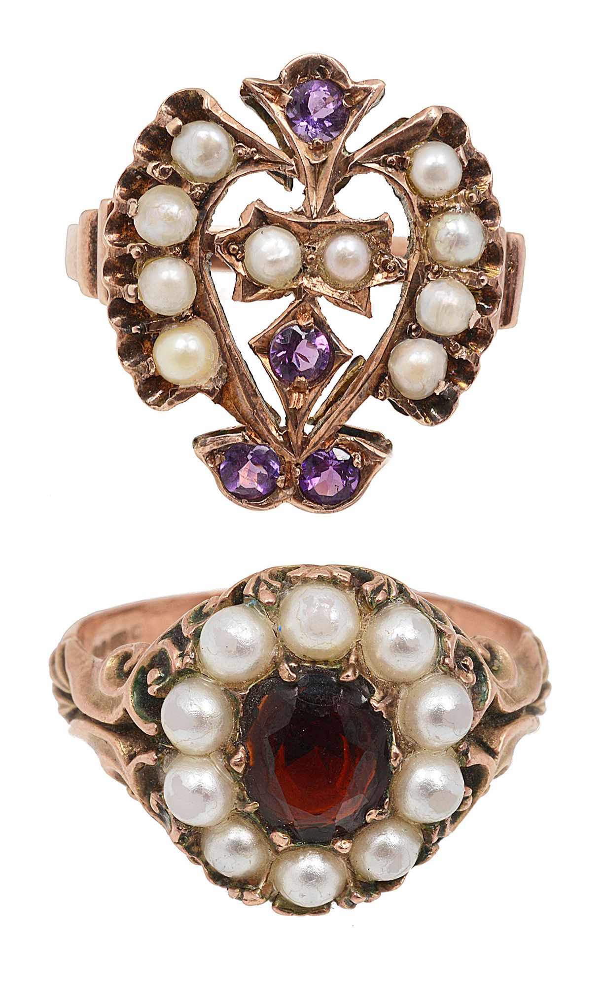 An amethyst and half pearl ring