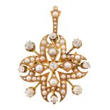 An Edwardian diamond-set, half pearl and yellow gold locket/brooch