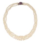 A three row cultured pearl necklace