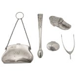A late 19th century continental novelty silver vinaigrette in the form of a clog and other silver