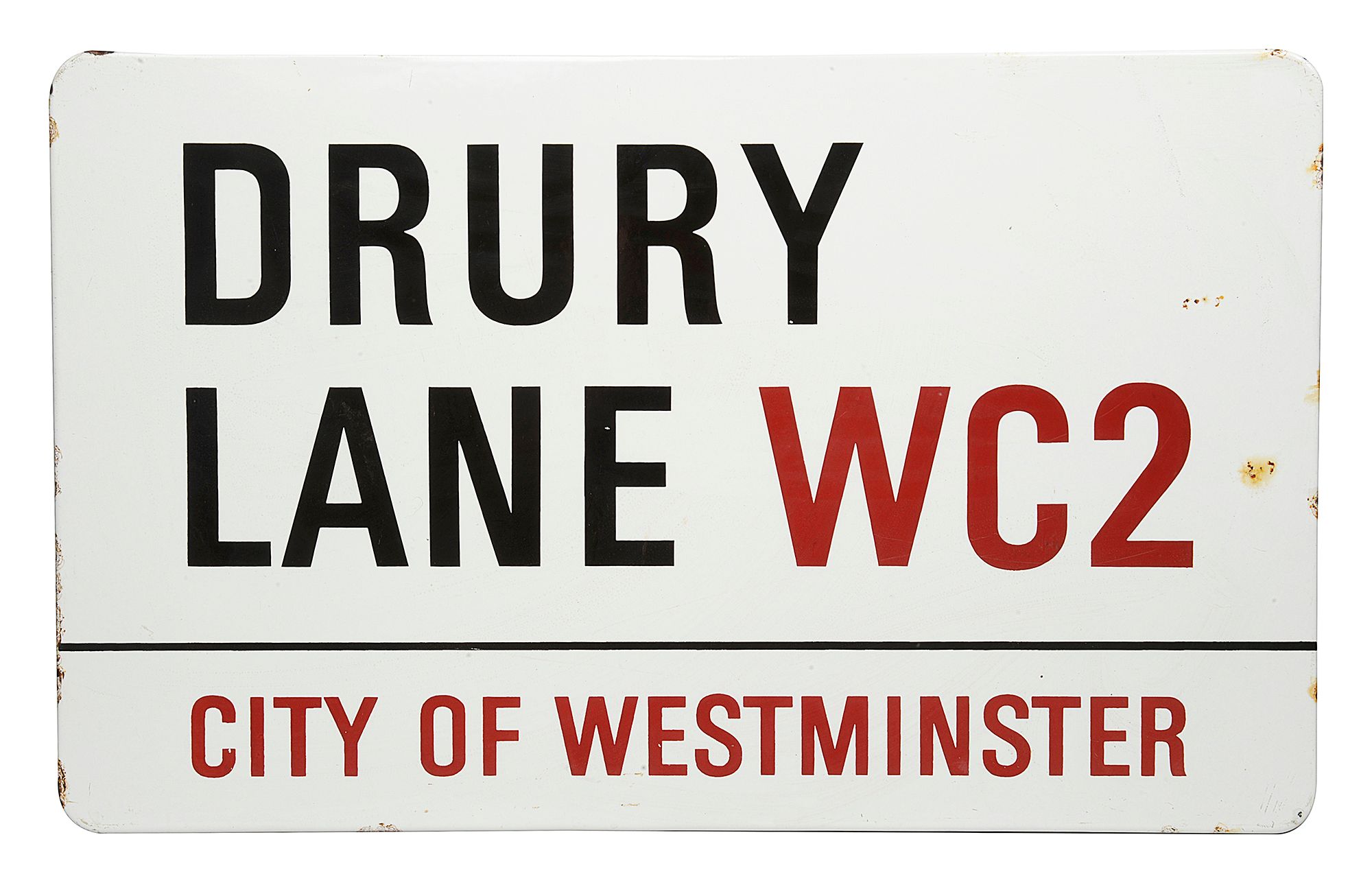 An enamelled iron street sign for Drury Lane WC2, City of Westminster