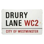 An enamelled iron street sign for Drury Lane WC2, City of Westminster