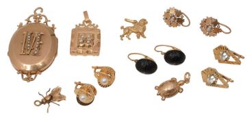 Continental gold jewellery to include a locket and pairs of ear pendants