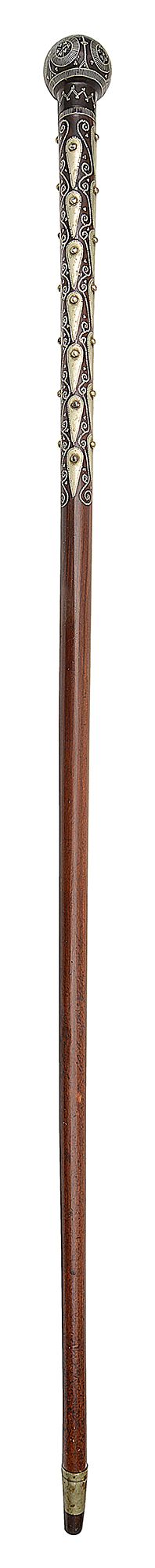 A 19th century Russian silver pique inlaid hardwood walking cane - Image 2 of 2