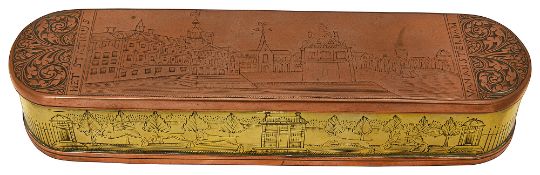 An 18th century Dutch engraved copper and brass tobacco box