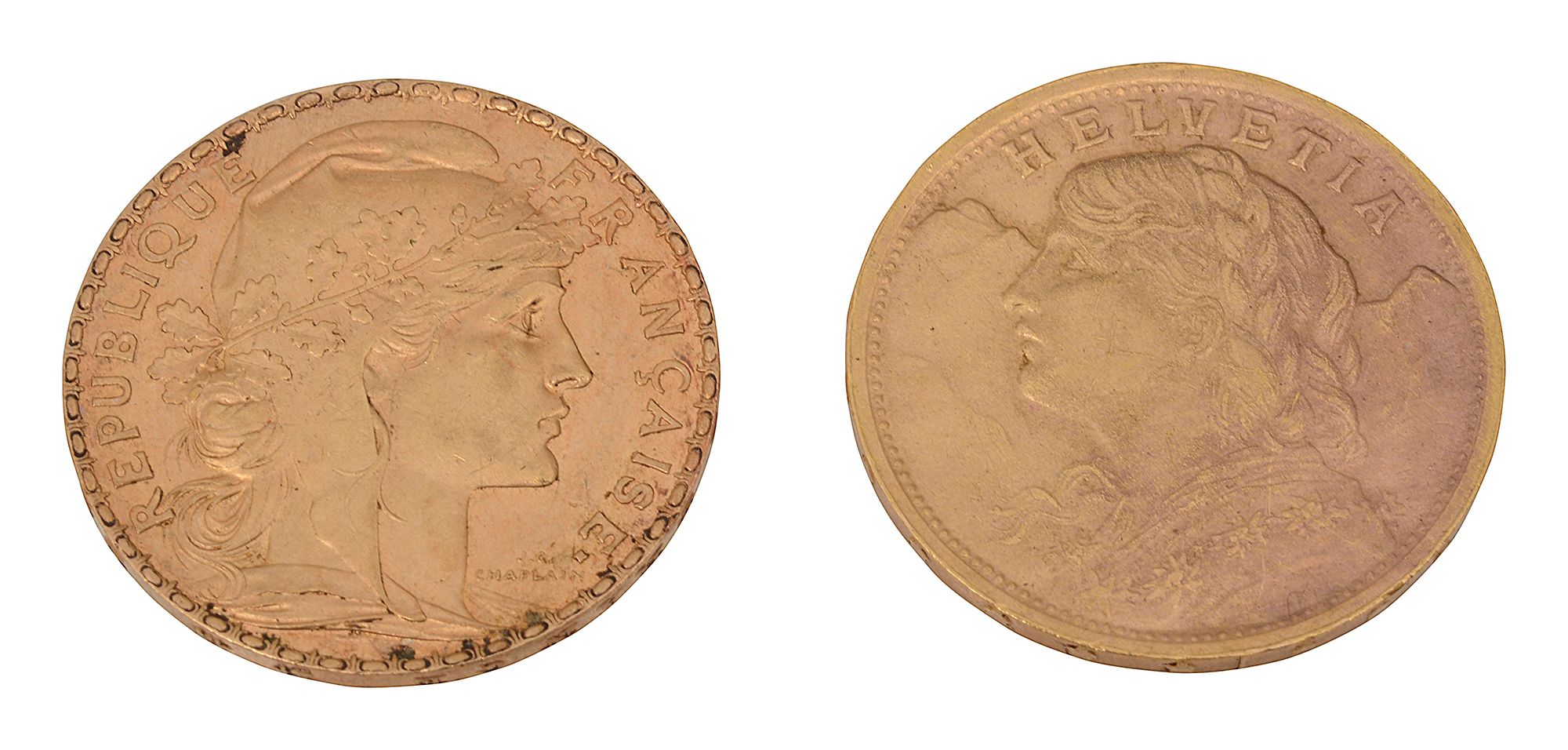 Two gold twenty franc coins