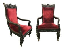 A pair of Anglo Indian ebony armchairs