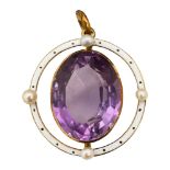 An Edwardian enamel, amethyst and seed pearl pendant