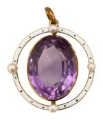 An Edwardian enamel, amethyst and seed pearl pendant