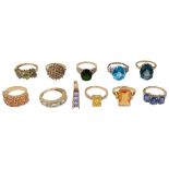 A collection of gem set 9ct rings and a pendant