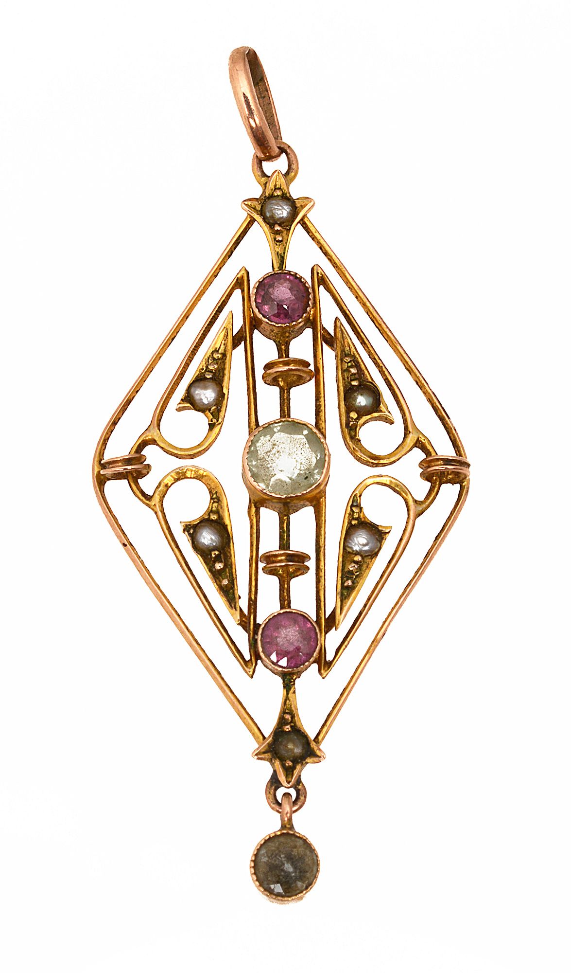 An Edwardian 9ct gold colouless and pink gem set openwork pendant