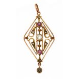 An Edwardian 9ct gold colouless and pink gem set openwork pendant