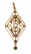 An Edwardian 9ct gold colouless and pink gem set openwork pendant