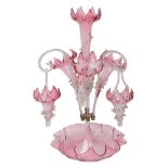A Victorian cranberry fading to clear glass epergne centrepiece