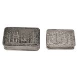 Two modern silver 'castle top' snuff and pill boxes