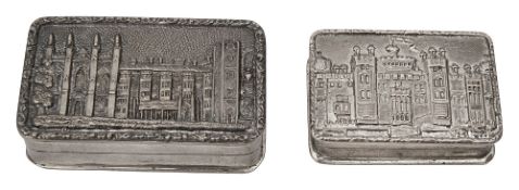 Two modern silver 'castle top' snuff and pill boxes